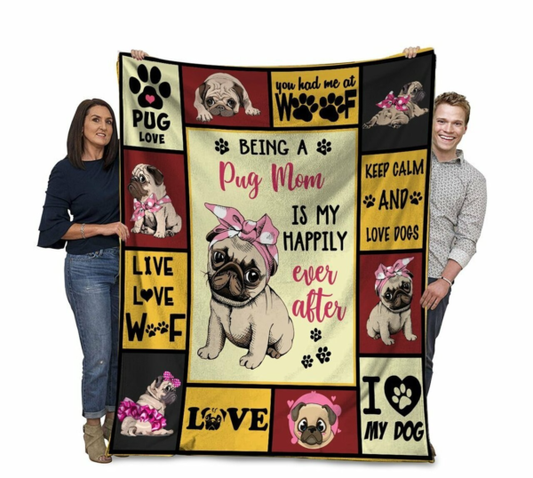 Custom Blankets Being A Pug Mom Is My Happily Ever After Pug Dog Pink Bandana Plush Birthday Christmas Gifts Love Pets Fleece Blanket Sherpa Blanket