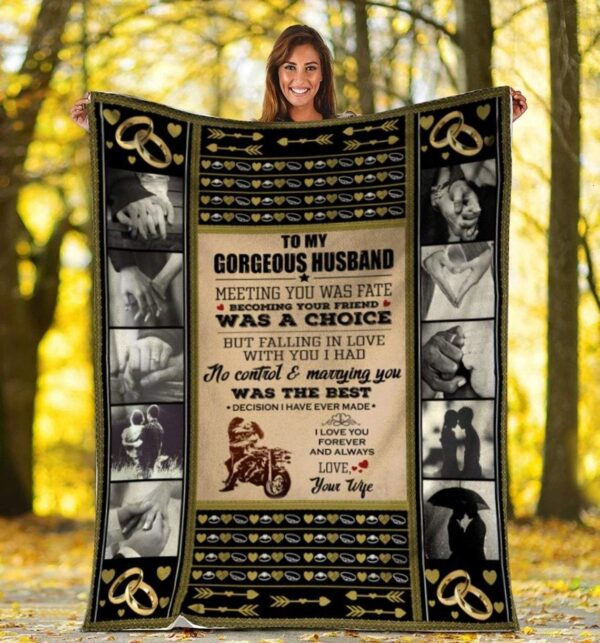To My Gorgeous Husband Meeting You Was Fate Husband And Wife Holding Hand Motorcycle Fleece Blanket Sherpa Blanket