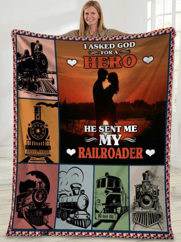 I Asked God For A Hero He Sent Me My Railroader Husband And Wife Sunset Fleece Blanket Sherpa Blanket