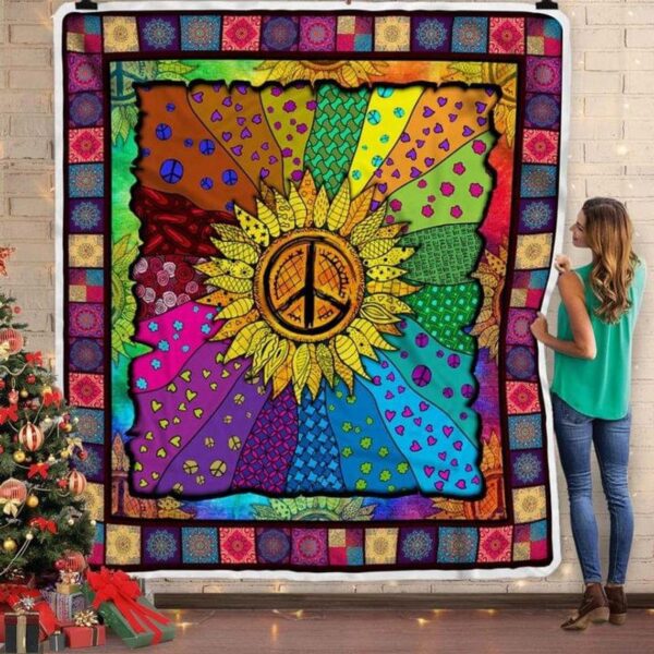 Hippie Sunflower Blanket Christmas Gift Peace Sign Blanket Colorful Blanket Family Blanket Fleece Blanket Sherpa Blanket
