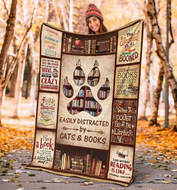 Easily Distracted By Cats & Books Fleece Fleece Blanket Sherpa Blanket