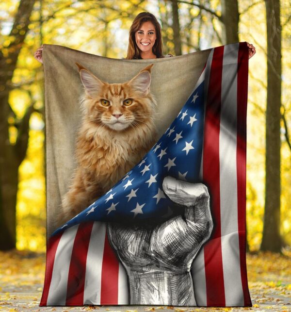 Maine Coon Cat USA Flag Freedom Veteran Cat Lovers Fleece Fleece Blanket Sherpa Blanket