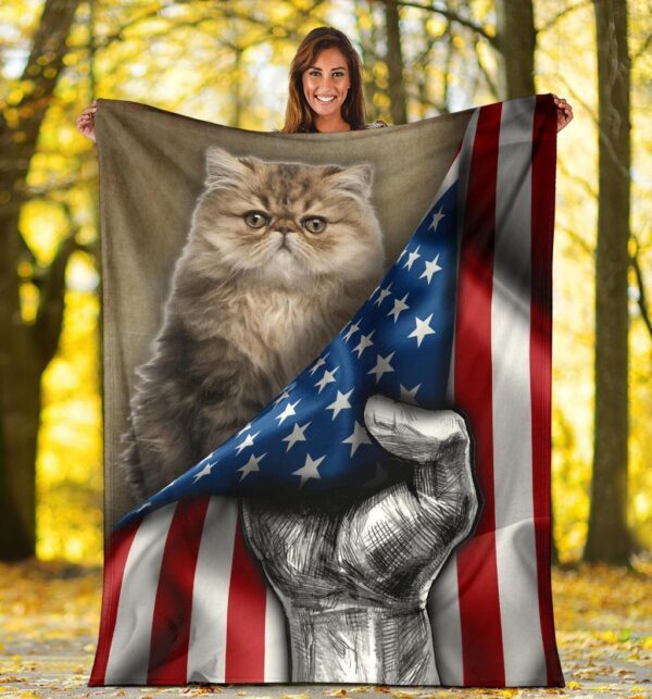 Persian Exotic Cat USA Flag Freedom Veteran Cat Lovers Fleece Fleece Blanket Sherpa Blanket