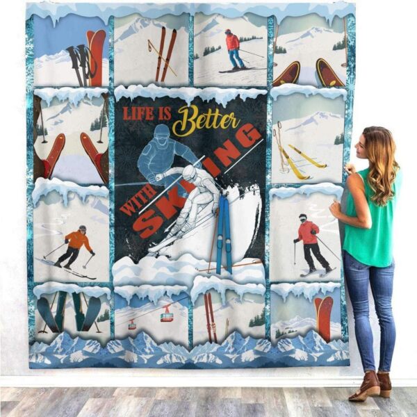Life Is Better With Skiing Funny Gifts For Skiing Lovers Fleece Fleece Blanket Sherpa Blanket