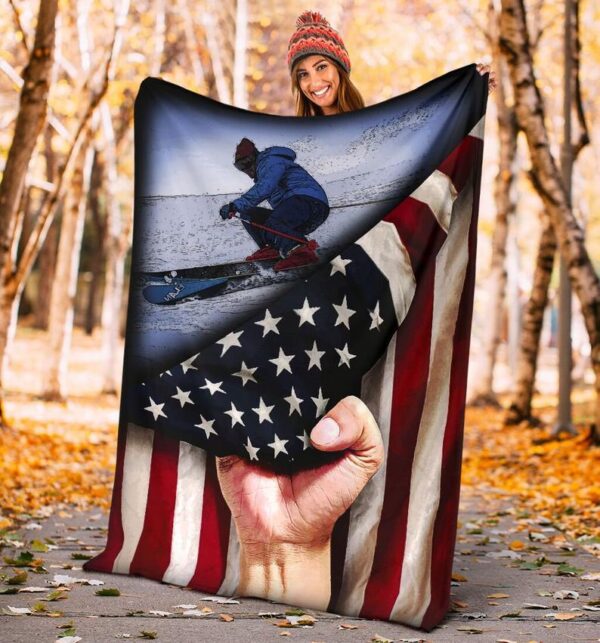 Skier And American Flag Gift For Skiing Lovers Fleece Fleece Blanket Sherpa Blanket