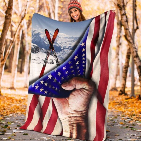 Skis And American Flag Gift For Skiing Lovers Fleece Fleece Blanket Sherpa Blanket