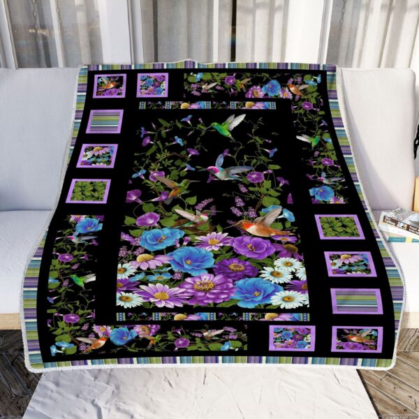 Hummingbird Purple Flower Fleece Blanket - Sherpa Blanket