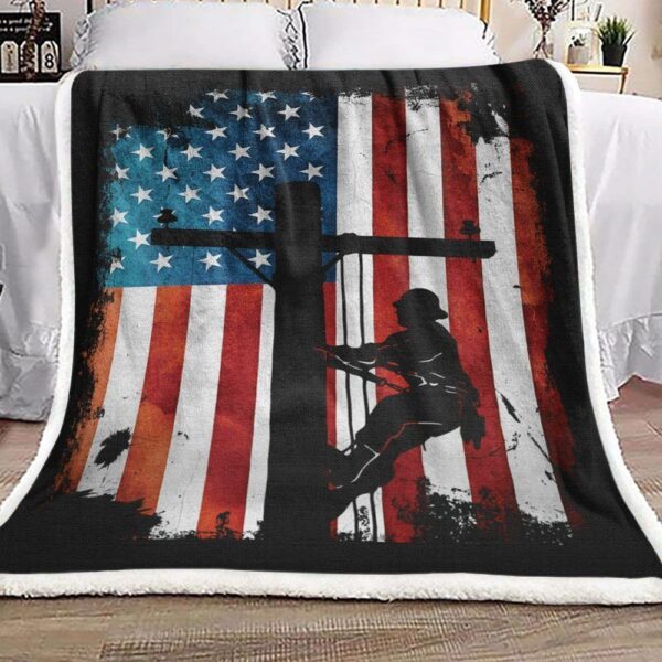 Lineman American Flag Fleece Blanket Sherpa Blanket