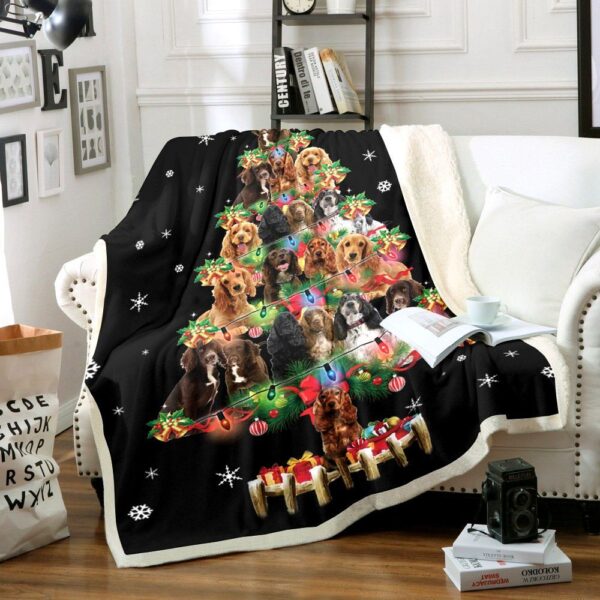 Cocker Spaniel Dog Christmas Tree Fleece Blanket Sherpa Blanket