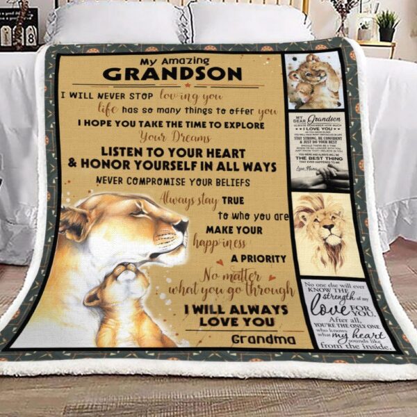 To My Grandson Grandma Lion Fleece Blanket Sherpa Blanket