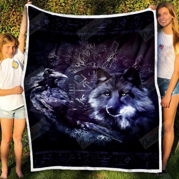 Raven And Wolf Fleece Blanket Sherpa Blanket