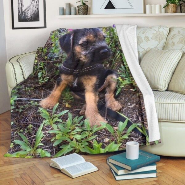 Silli Border Terrier Puppy Dog With Flowers Fleece Blanket Sherpa Blanket