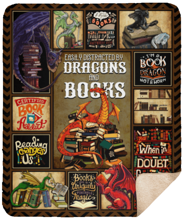Easily Distracted By Dragons And Books Fleece Blanket Sherpa Blanket