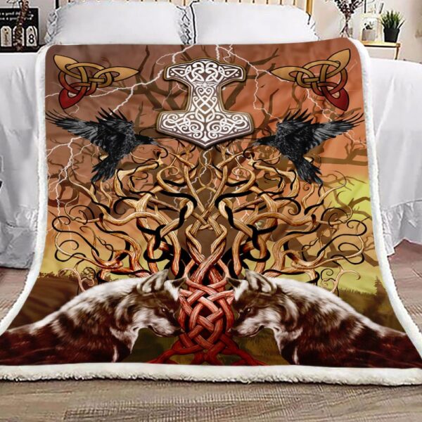 Tree Of Life Mjolnir Fenrir Raven Wolf Fleece Blanket Sherpa Blanket