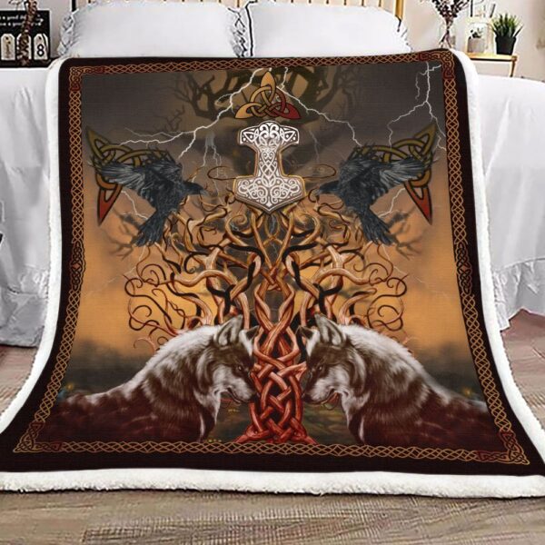 Viking Tree Of Life Mjolnir Fenrir Raven Fleece Blanket Sherpa Blanket
