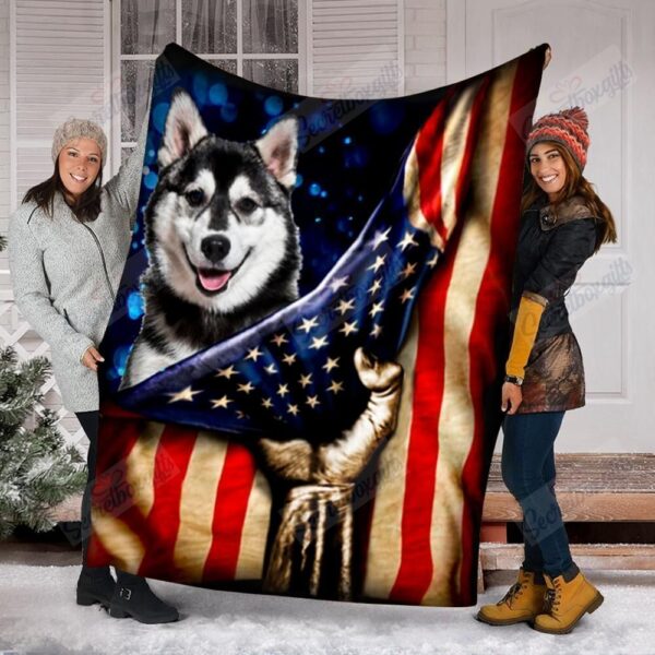 Husky Dog American Flag Fleece Blanket Sherpa Blanket