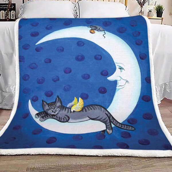 Sleeping Angel Cat On Crescent Moon Fleece Blanket Sherpa Blanket
