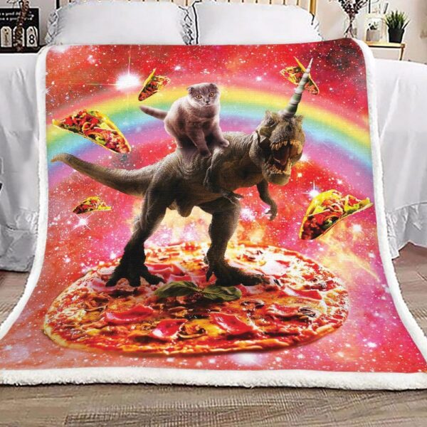 Space Cat Riding Dinosaur Unicorn Pizza And Taco Fleece Blanket Sherpa Blanket