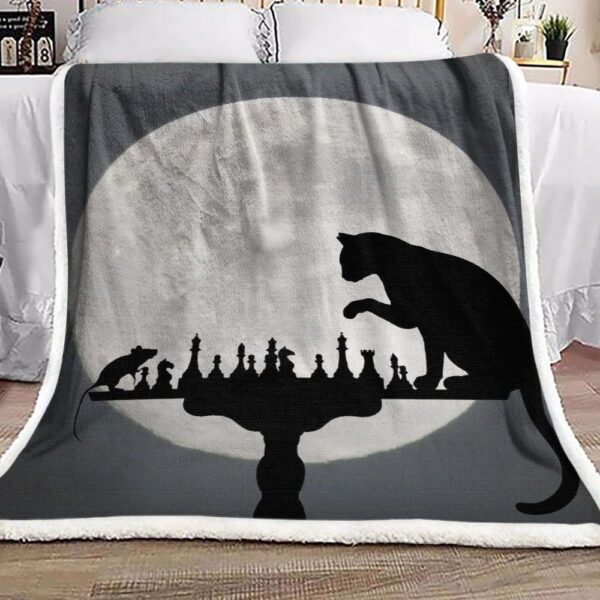 Cat And Mouse Playing Chess In The Moonlight Fleece Blanket Sherpa Blanket