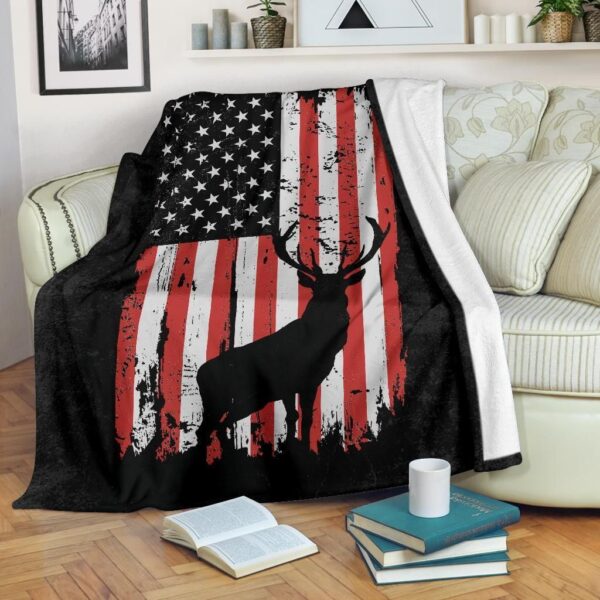 Elk Hunting American Flag Fleece Blanket Sherpa Blanket