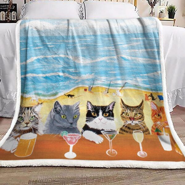 Cat On The Beach Fleece Blanket Sherpa Blanket