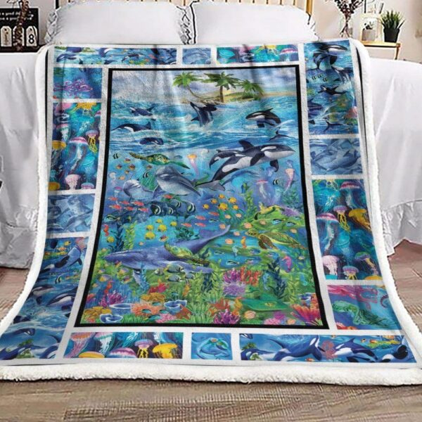 Ocean Fish Dolphin Whale Fleece Blanket Sherpa Blanket