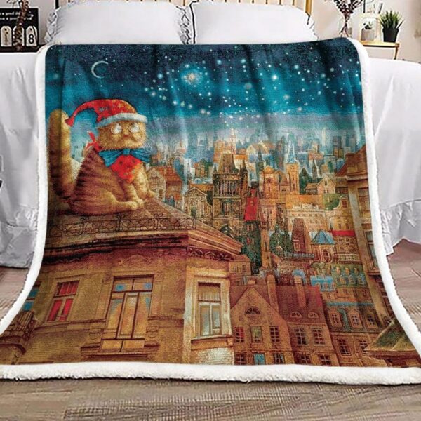 Cat At Night City Fleece Blanket Sherpa Blanket