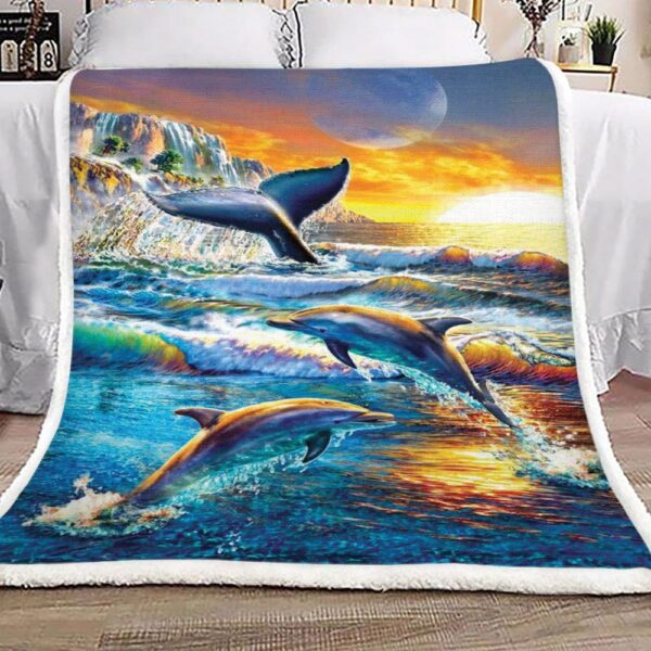 Dolphin At The Sunrise Fleece Blanket Sherpa Blanket