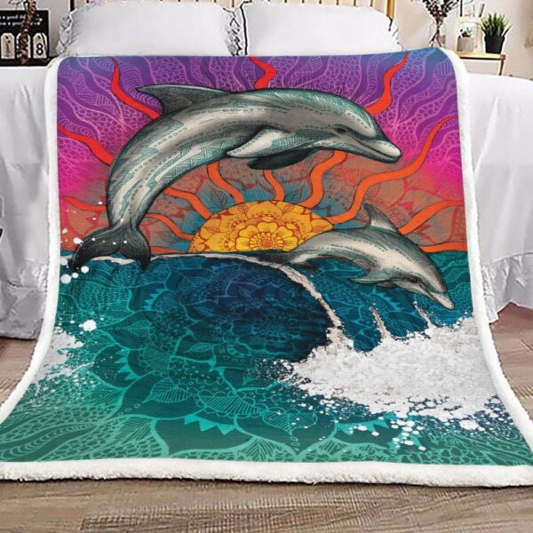 Surfing Dolphin Mandala Sunset Fleece Blanket Sherpa Blanket