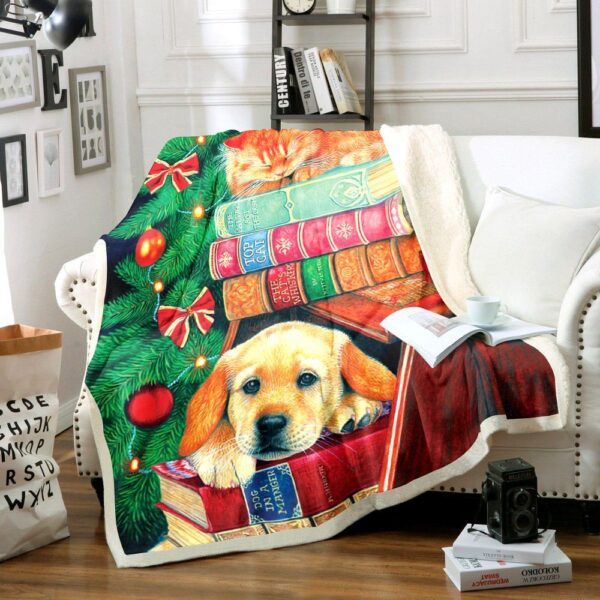 Golden And Cat Christmas Fleece Blanket Sherpa Blanket