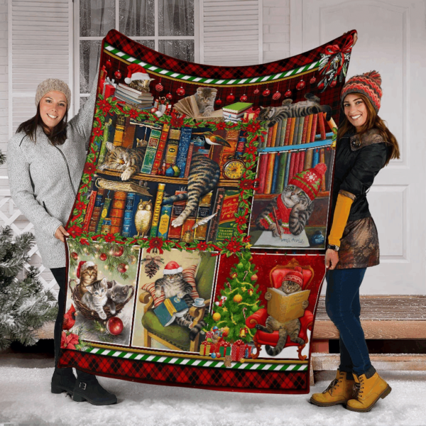 Cat And Books Christmas Fleece Blanket Sherpa Blanket