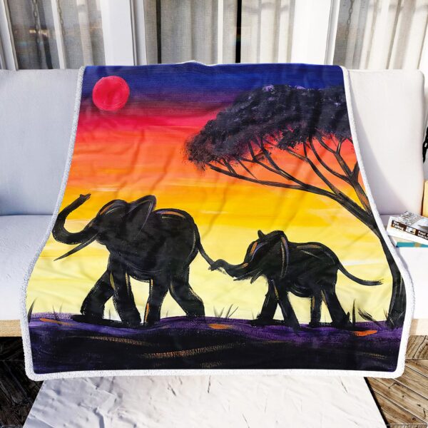 Elephant Sunset Painting Fleece Blanket Sherpa Blanket