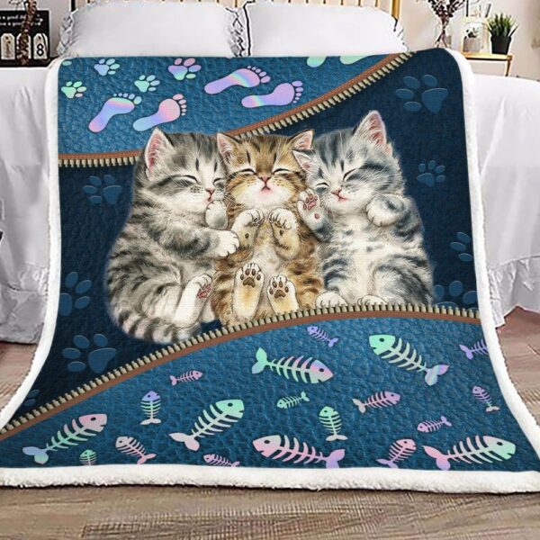 Three Cats Blue Leather Fleece Blanket Sherpa Blanket