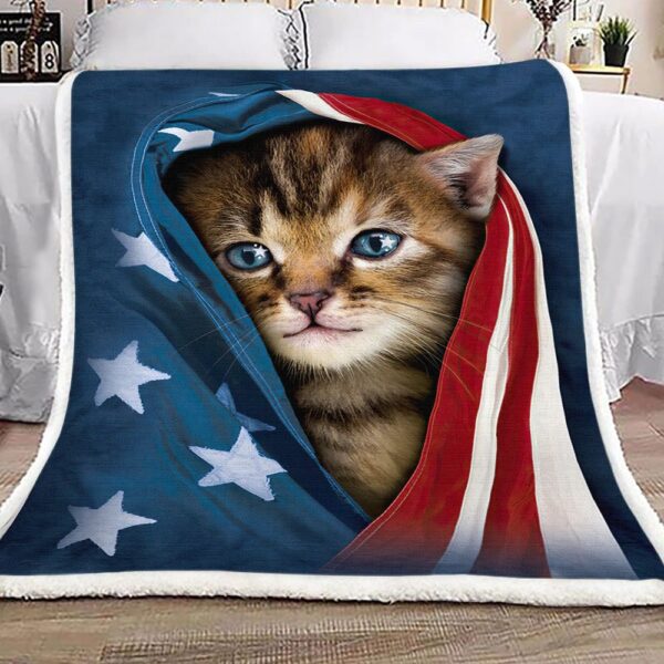 Cute Cat American Flag Fleece Blanket Sherpa Blanket