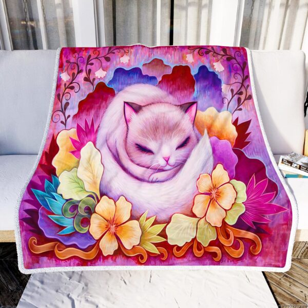 Cute Cat With Flowers Fleece Blanket Sherpa Blanket