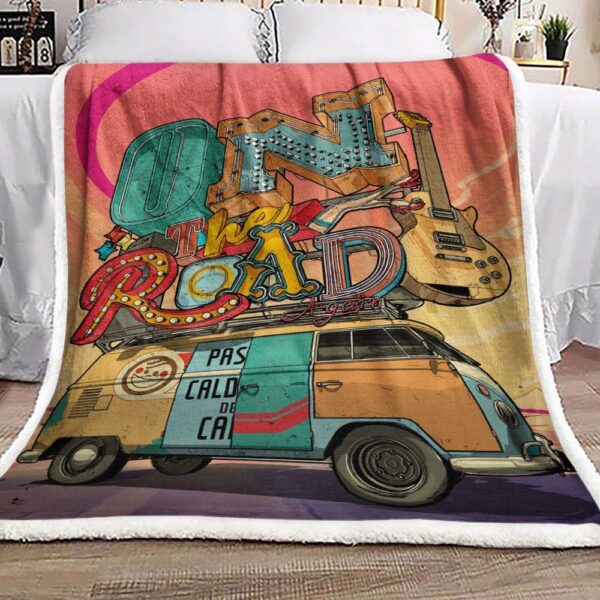 On The Road Music Bus Guitar Fleece Blanket Sherpa Blanket