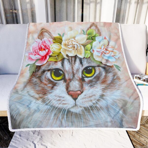 Cute Cat With Flowers Fleece Blanket Sherpa Blanket
