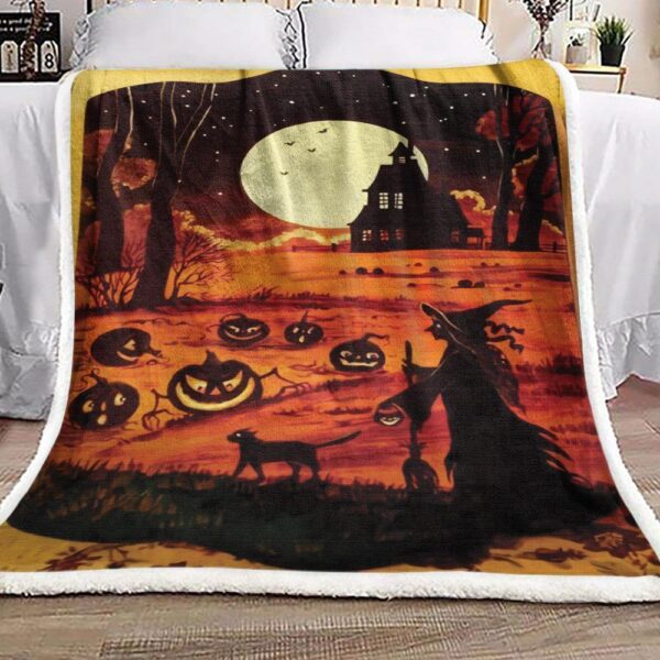 Halloween Witch Cat Pumpkin Fleece Blanket Sherpa Blanket