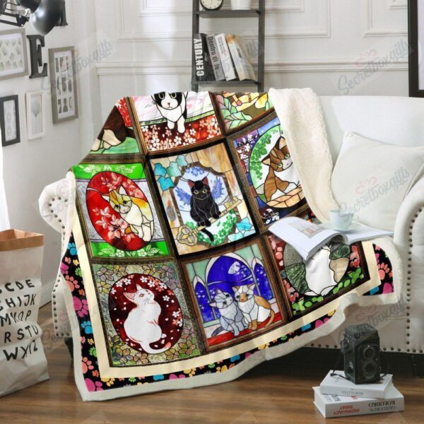 Stained Glass Cats Fleece Blanket Sherpa Blanket