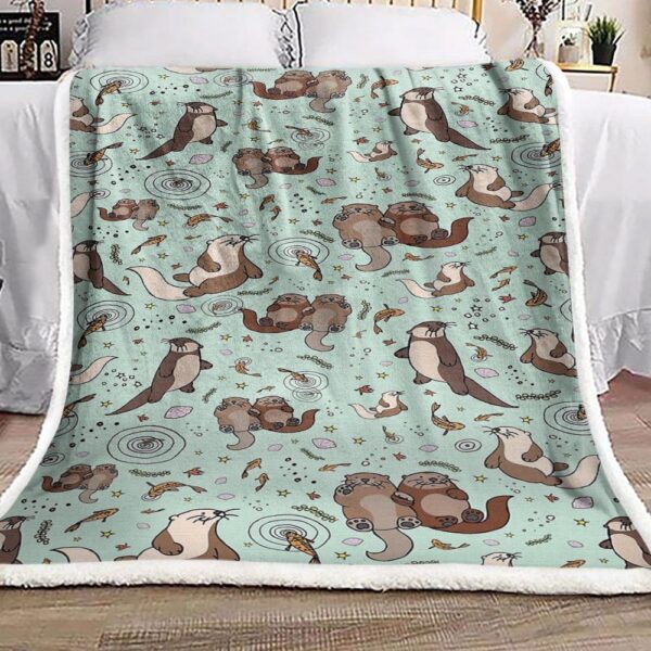 Otters In Blue Fleece Blanket Sherpa Blanket