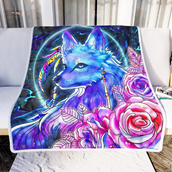 Native Wolf With Flowers Fleece Blanket Sherpa Blanket
