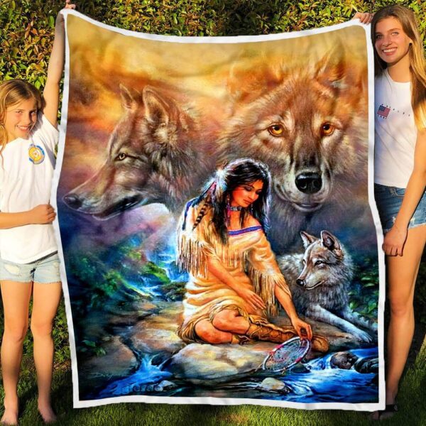 Native Americans And Wolves Fleece Blanket Sherpa Blanket