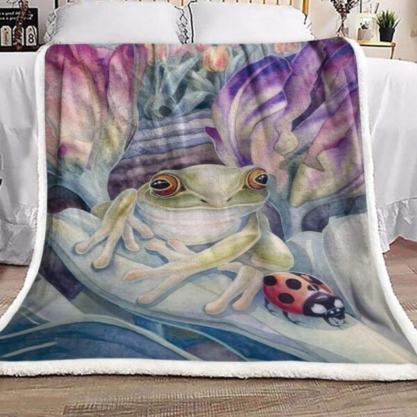 Frog And Ladybug In Tulip Garden Fleece Blanket Sherpa Blanket