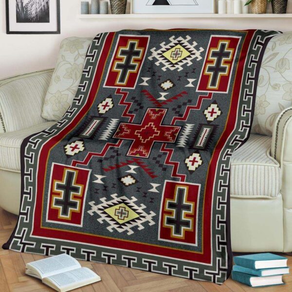 Gray Red Native American Fleece Blanket Sherpa Blanket