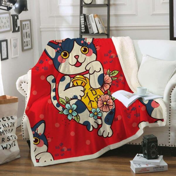 Red Lucky Cat Fleece Blanket Sherpa Blanket