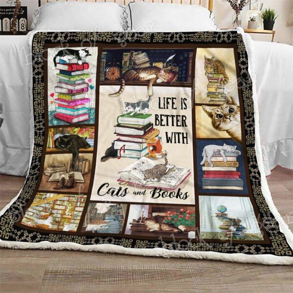 Life Is Better With Cats And Books Fleece Blanket Sherpa Blanket