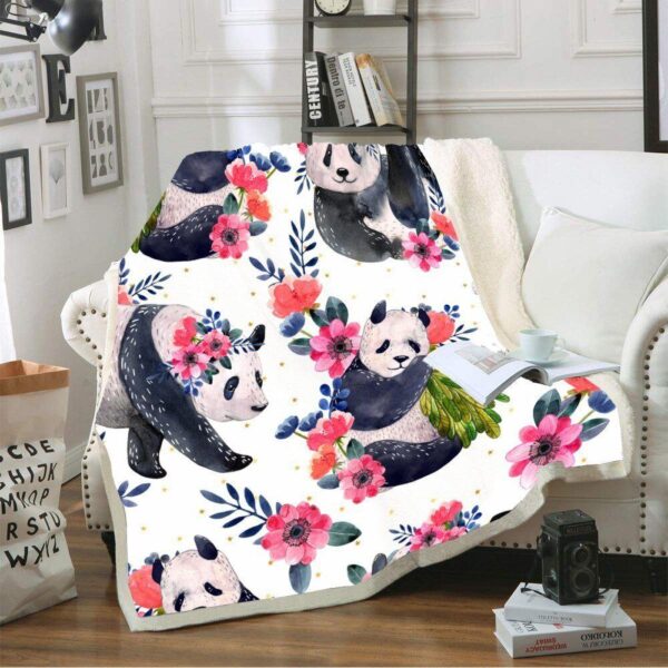 Panda Flowers Leaves Fleece Blanket Sherpa Blanket