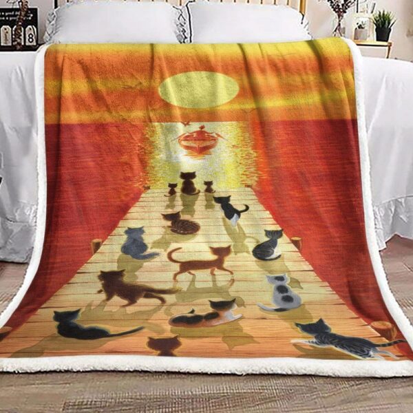 Dock Of The Bay Cat Boat Sunset Fleece Blanket Sherpa Blanket