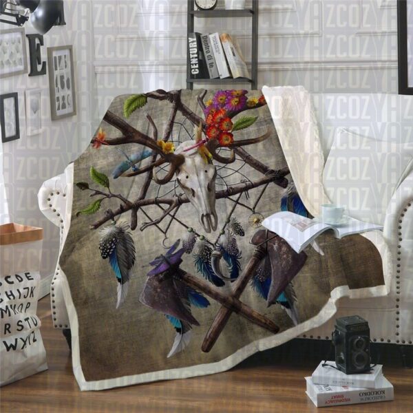 Native American Skull Brown Fleece Blanket Sherpa Blanket