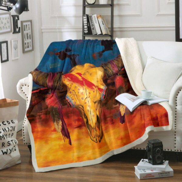 Native American Bison Skull Fleece Blanket Sherpa Blanket